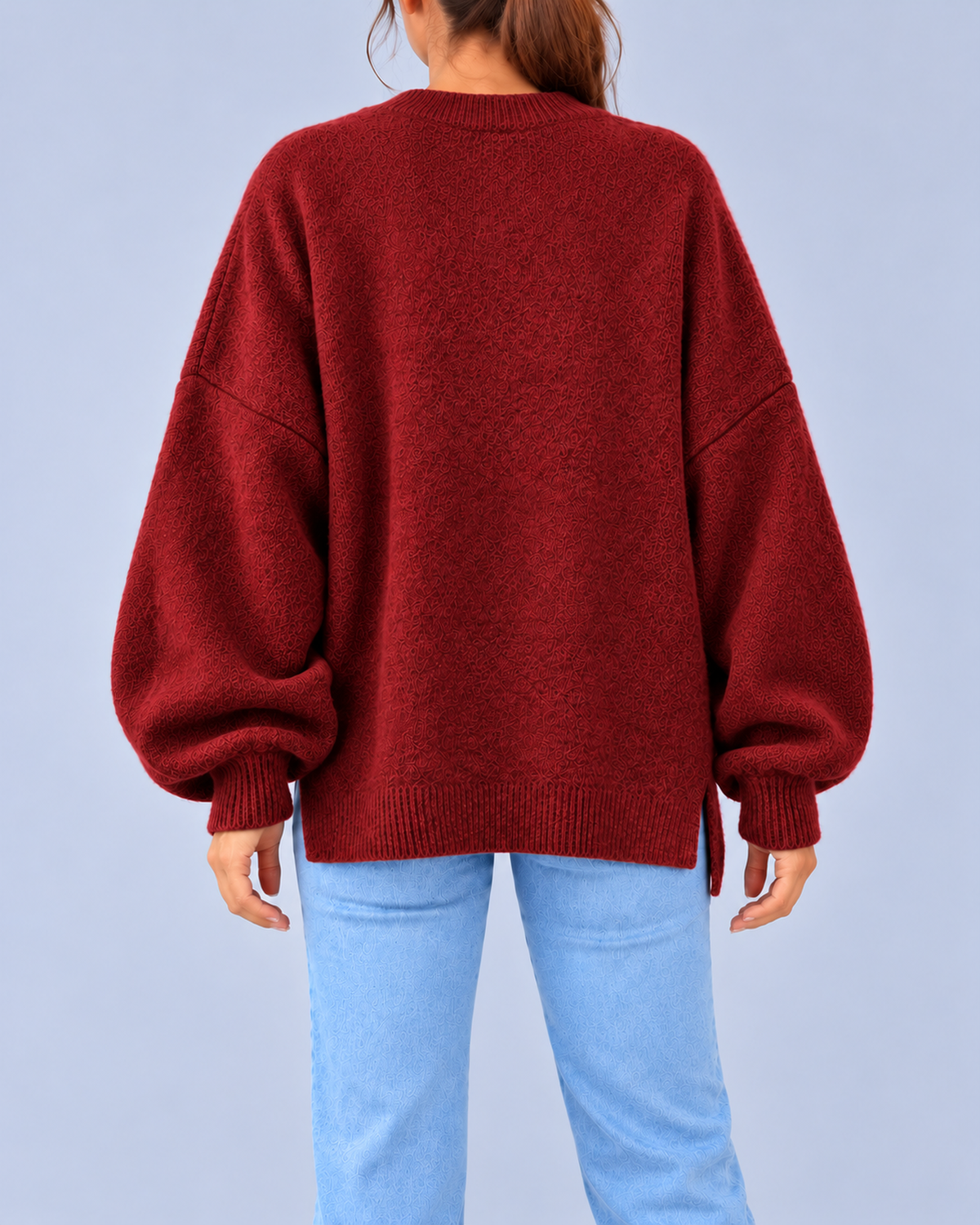 Women's Oversized Crew Neck Knit Jumper with Balloon Sleeves – Burgundy – 3