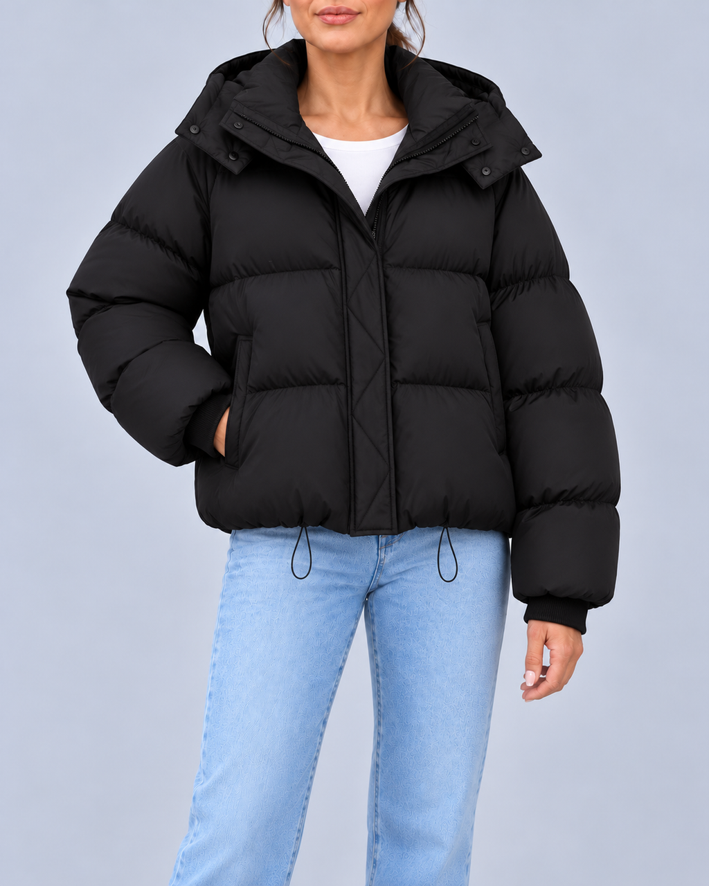 Women's Oversized Hooded Puffer Jacket with Drawcord Hem – Black – 1