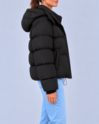 Women's Oversized Hooded Puffer Jacket with Drawcord Hem – Black – 2