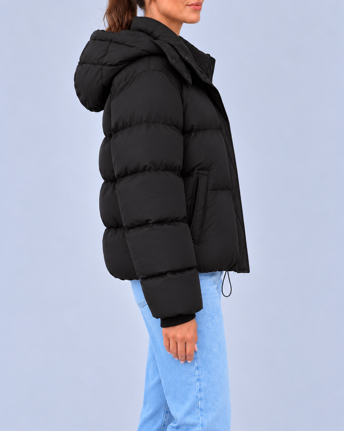 Women's Oversized Hooded Puffer Jacket with Drawcord Hem – Black – 2