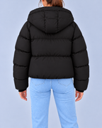 Women's Oversized Hooded Puffer Jacket with Drawcord Hem – Black – 3