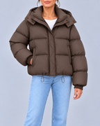 Women's Oversized Hooded Puffer Jacket with Drawcord Hem – Brown – 1