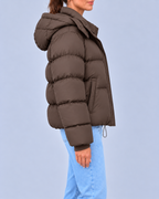Women's Oversized Hooded Puffer Jacket with Drawcord Hem – Brown – 2