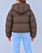 Women's Oversized Hooded Puffer Jacket with Drawcord Hem – Brown – 3