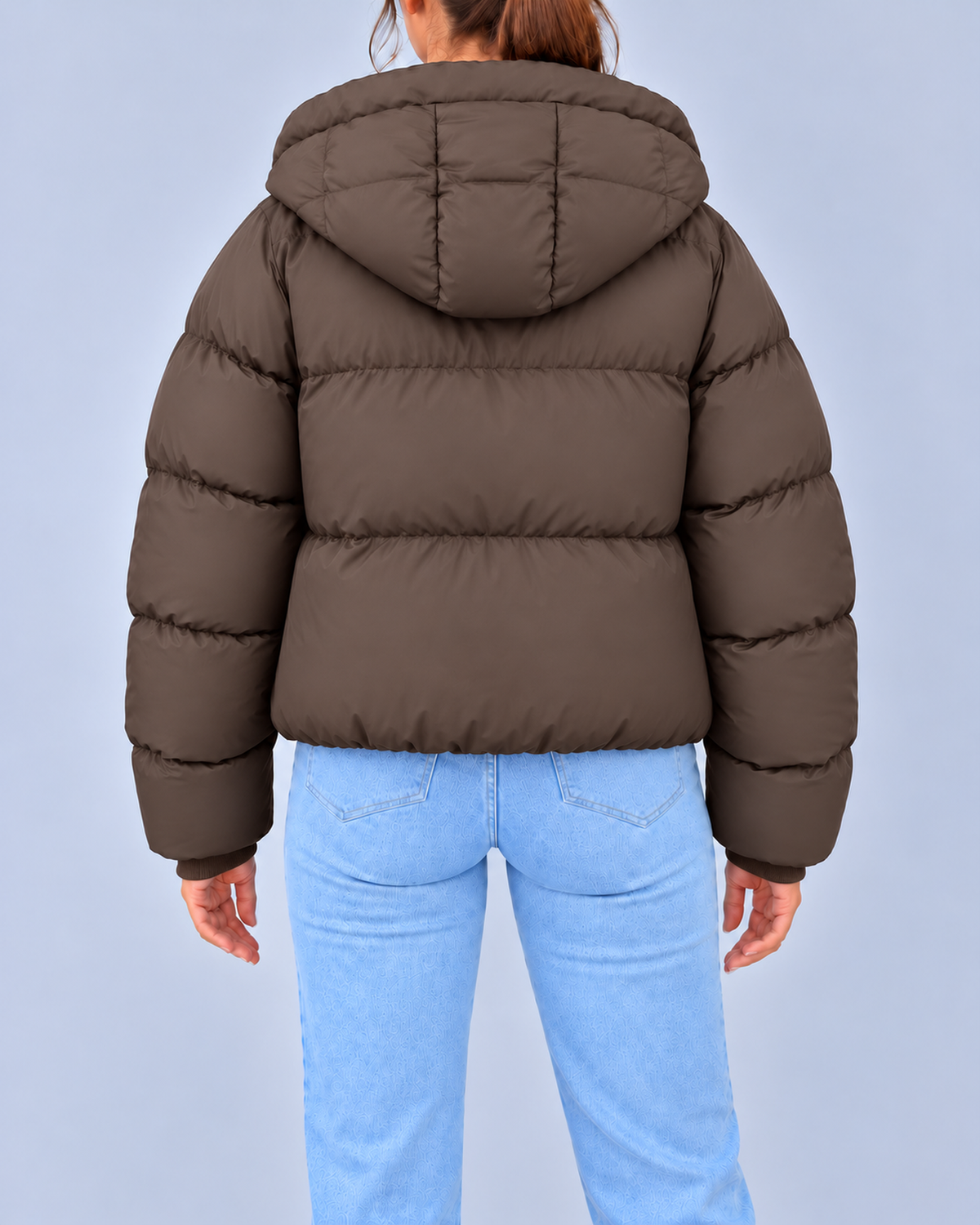 Women's Oversized Hooded Puffer Jacket with Drawcord Hem – Brown – 3