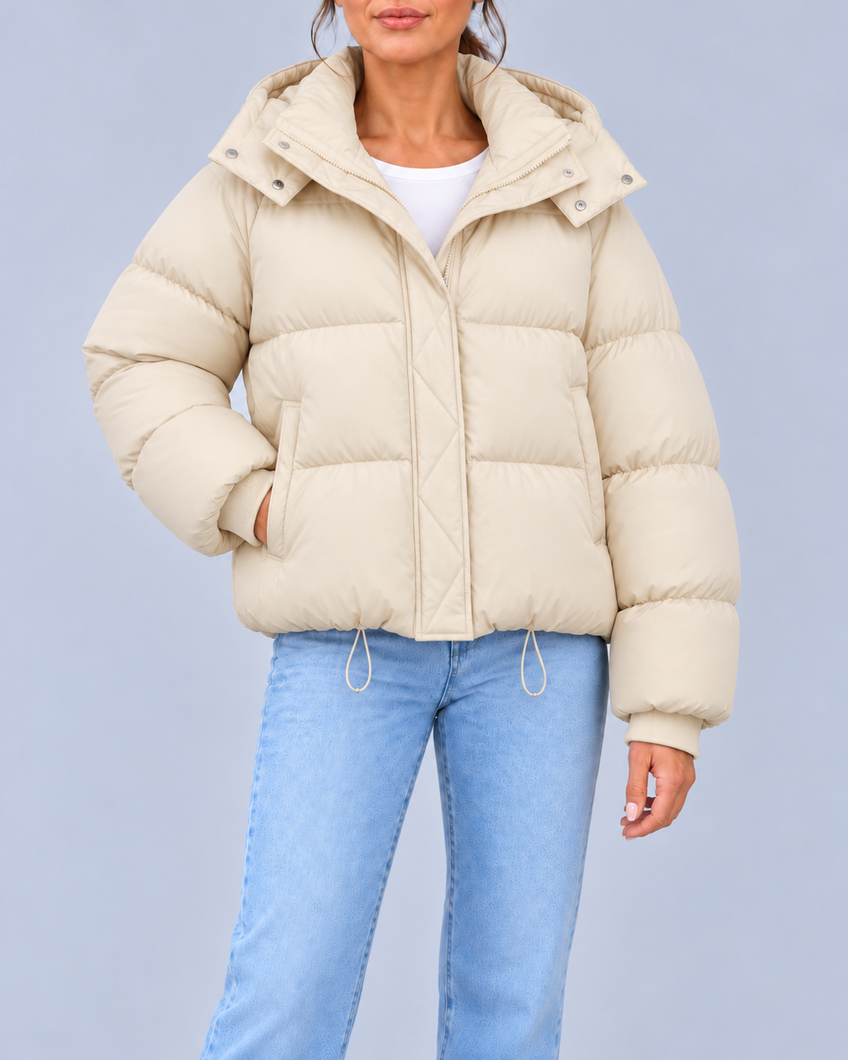 Women's Oversized Hooded Puffer Jacket with Drawcord Hem – Beige – 1