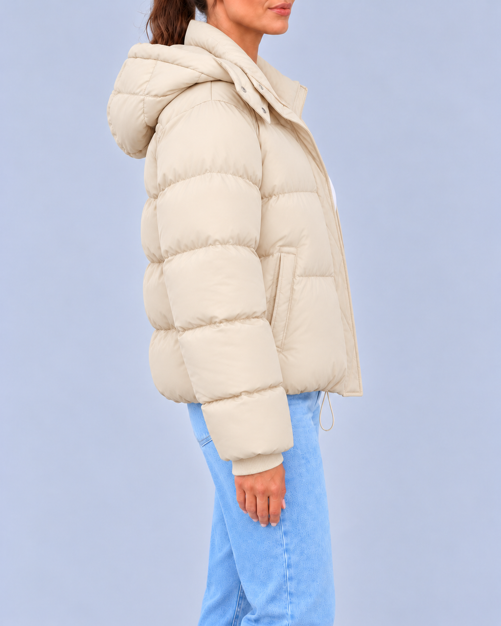 Women's Oversized Hooded Puffer Jacket with Drawcord Hem – Beige – 2