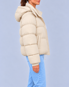 Women's Oversized Hooded Puffer Jacket with Drawcord Hem – Beige – 2