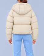 Women's Oversized Hooded Puffer Jacket with Drawcord Hem – Beige – 3