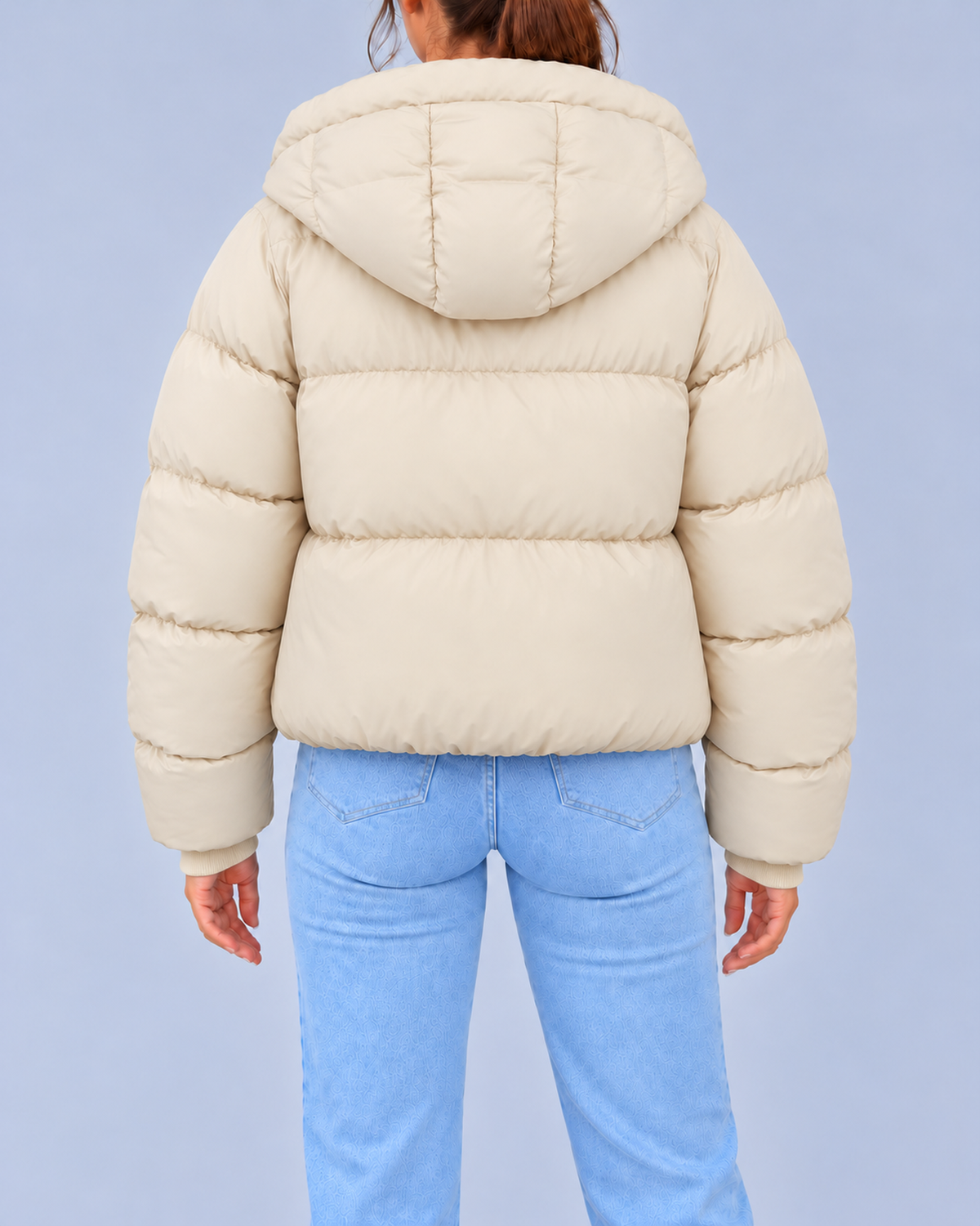 Women's Oversized Hooded Puffer Jacket with Drawcord Hem – Beige – 3