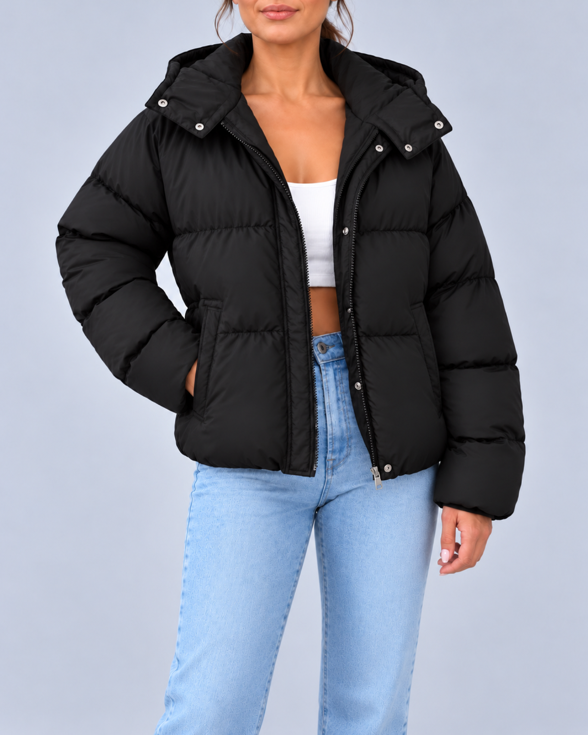 Women's Oversized Puffer Jacket with Hood and Zip Front – Black – 1