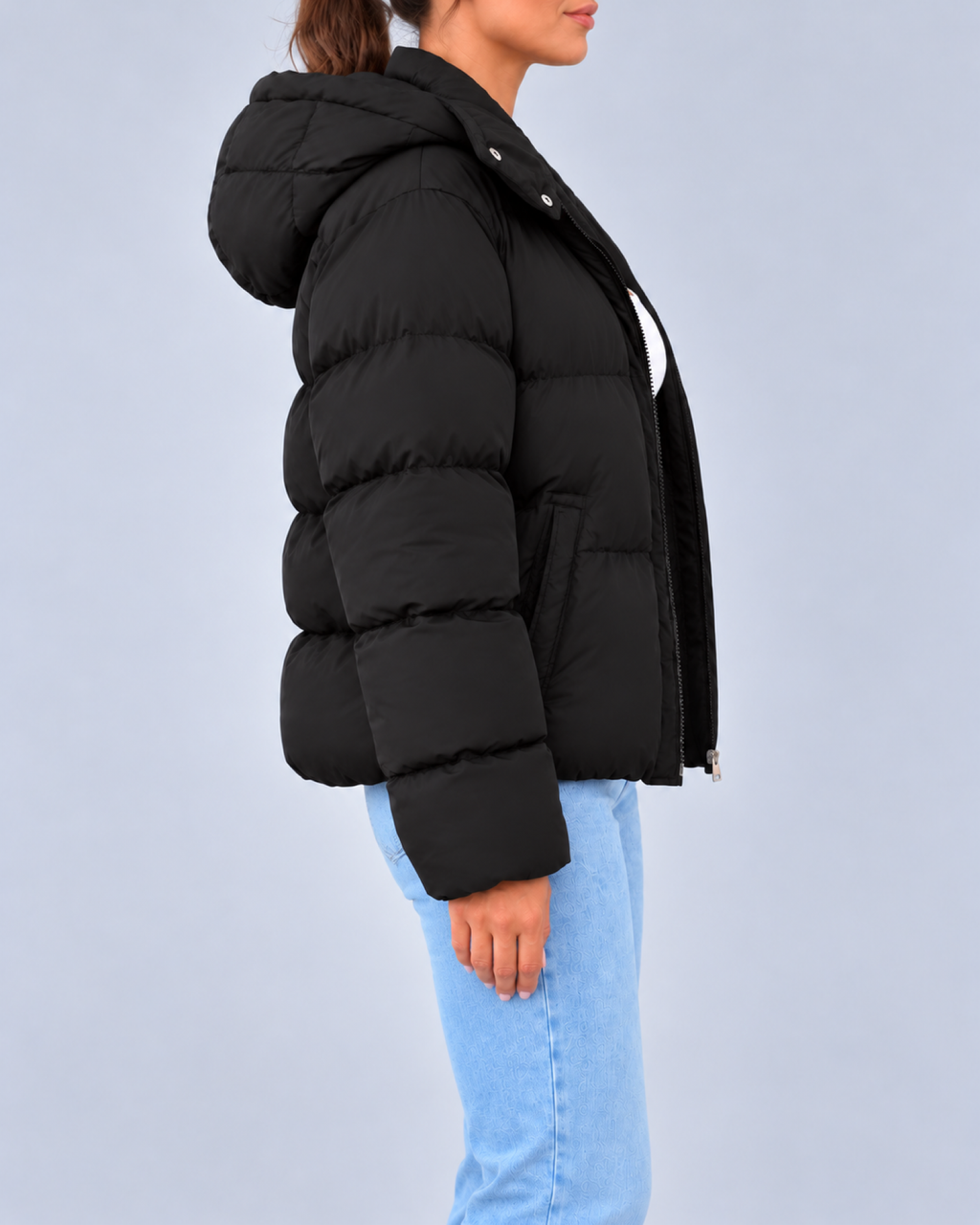 Women's Oversized Puffer Jacket with Hood and Zip Front – Black – 2