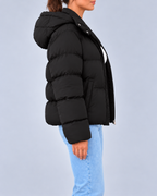Women's Oversized Puffer Jacket with Hood and Zip Front – Black – 2