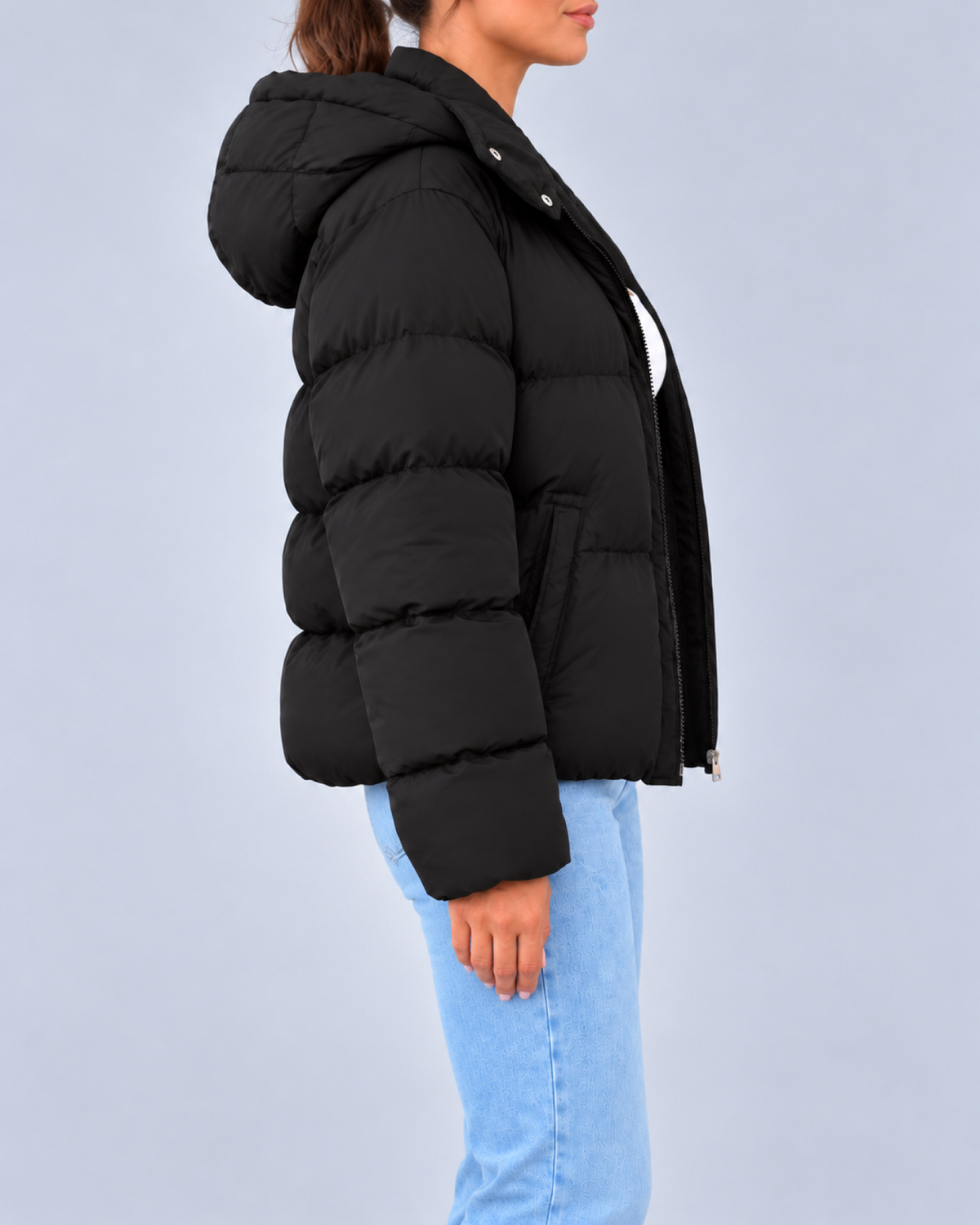 Women's Oversized Puffer Jacket with Hood and Zip Front – Black – 2