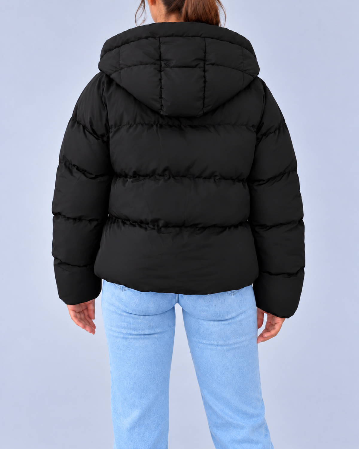Women's Oversized Puffer Jacket with Hood and Zip Front – Black – 3