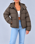 Women's Oversized Puffer Jacket with Hood and Zip Front – Dark Brown – 1