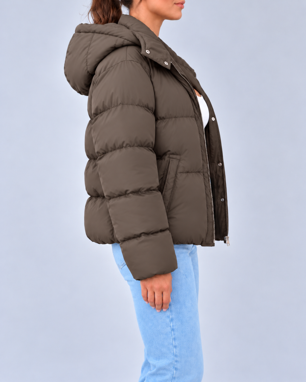 Women's Oversized Puffer Jacket with Hood and Zip Front – Dark Brown – 2