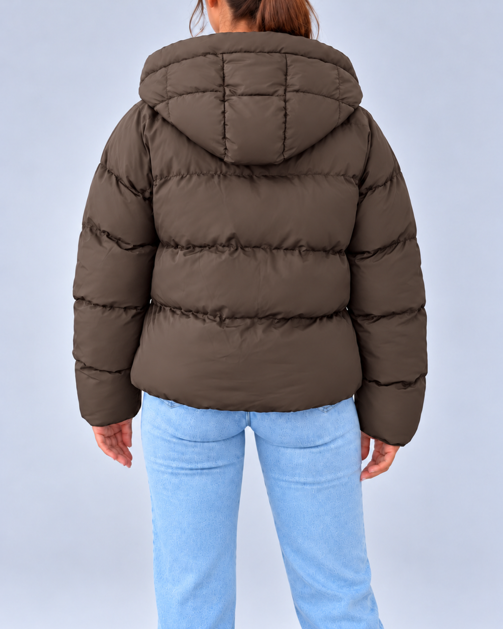 Women's Oversized Puffer Jacket with Hood and Zip Front – Dark Brown – 3
