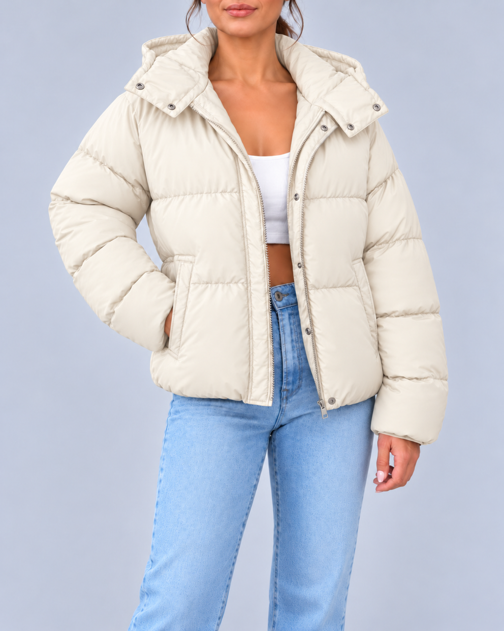 Women's Oversized Puffer Jacket with Hood and Zip Front – Off White – 1