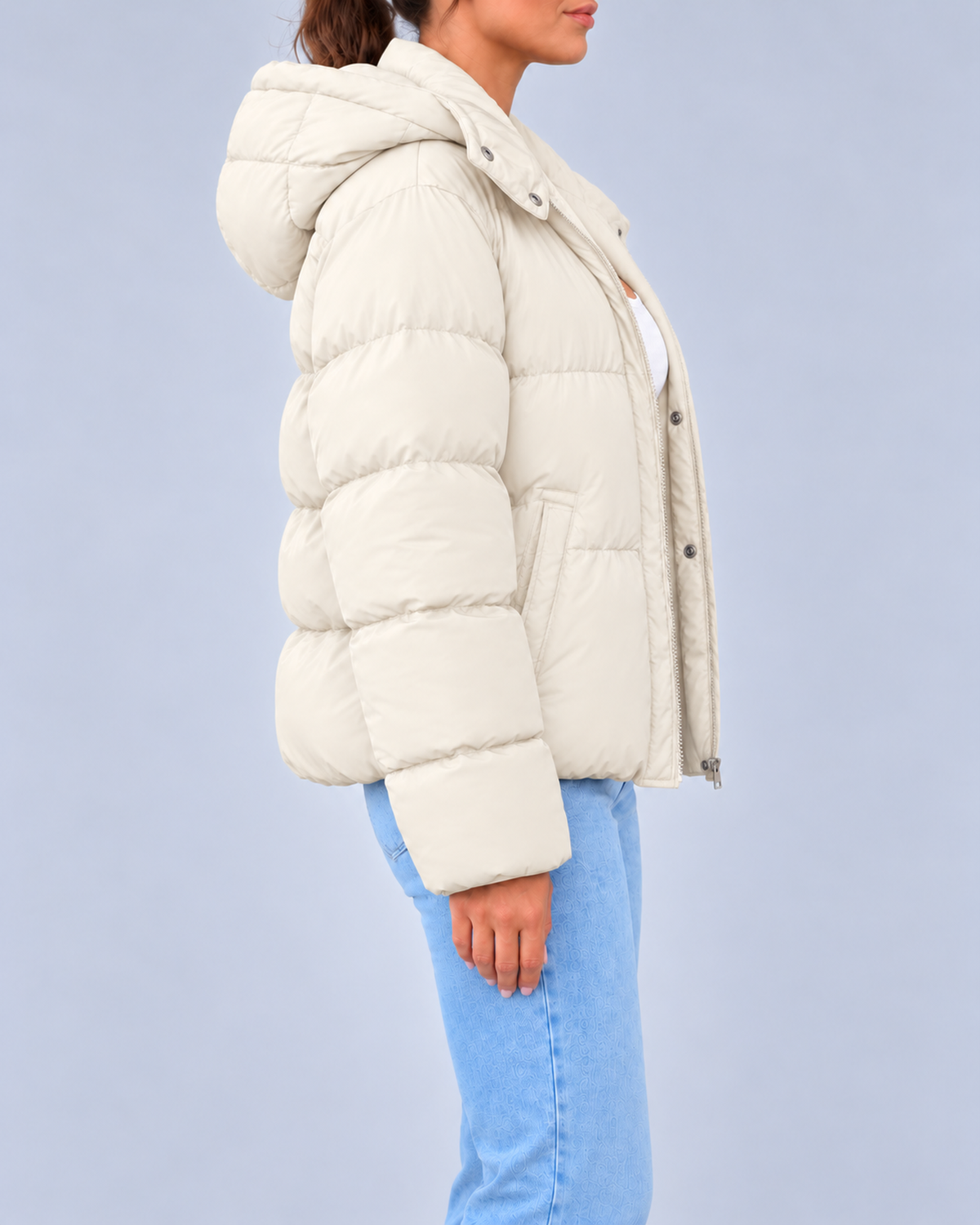 Women's Oversized Puffer Jacket with Hood and Zip Front – Off White – 2