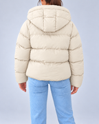 Women's Oversized Puffer Jacket with Hood and Zip Front – Off White – 3