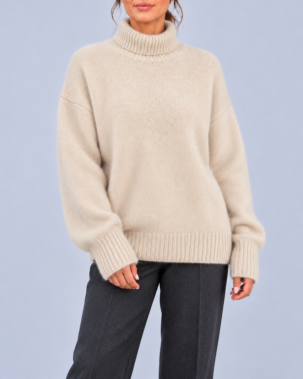 Women's Oversized Roll Neck Jumper with Deep Ribbed Cuffs – Beige – 1