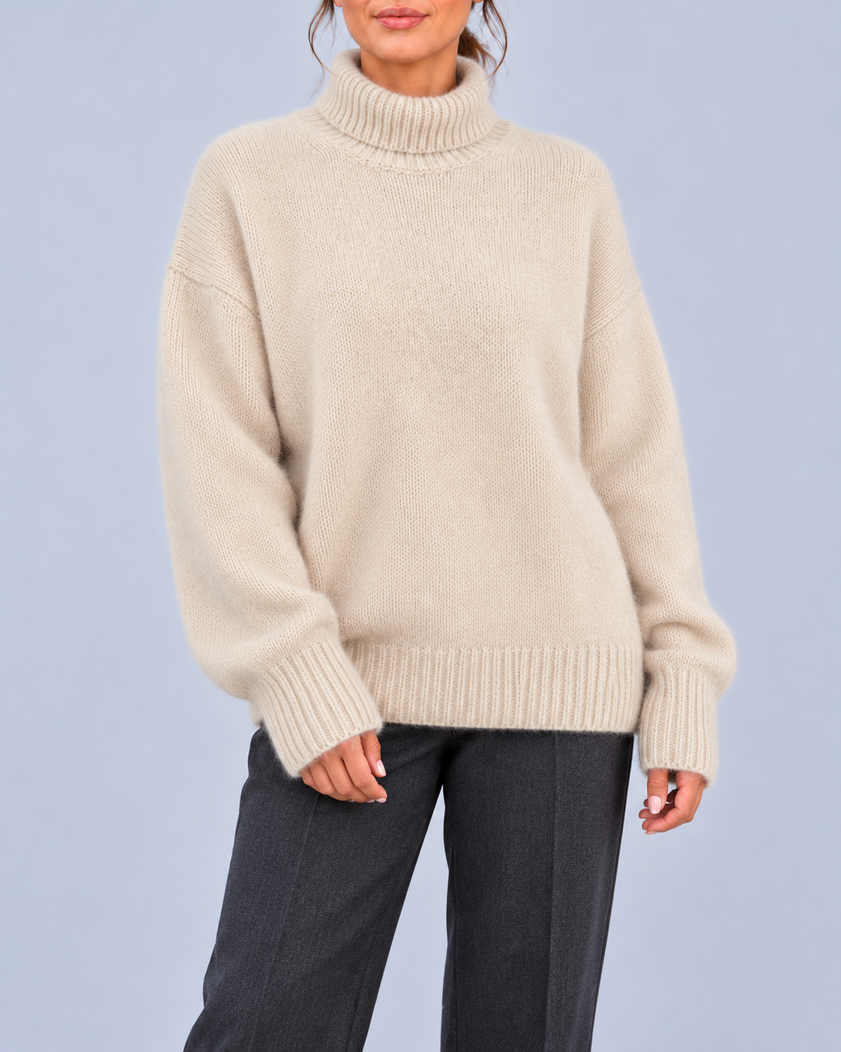 Women's Oversized Roll Neck Jumper with Deep Ribbed Cuffs – Beige – 1