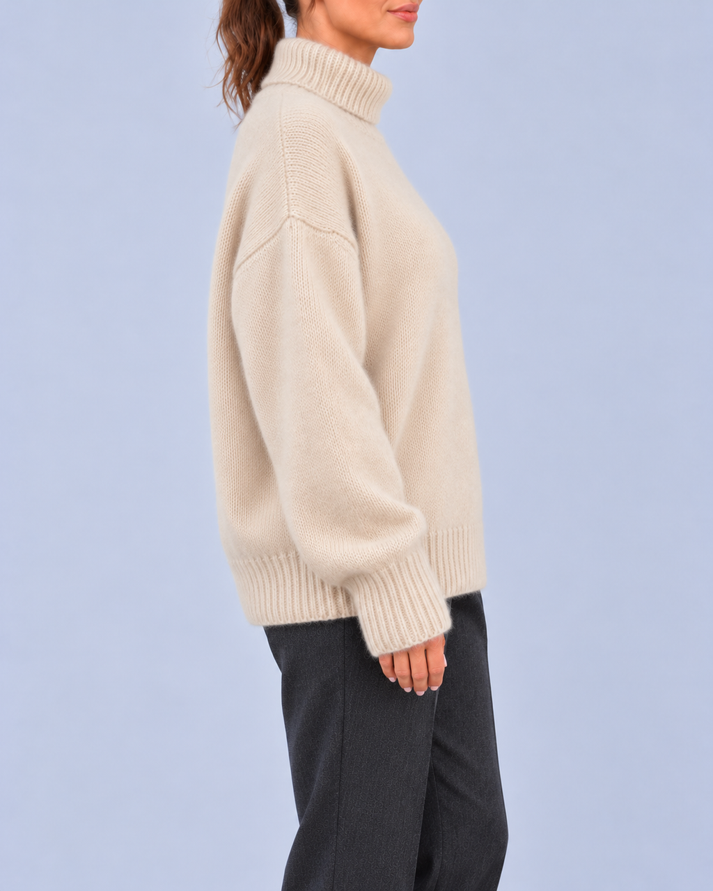Women's Oversized Roll Neck Jumper with Deep Ribbed Cuffs – Beige – 2