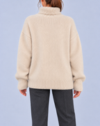 Women's Oversized Roll Neck Jumper with Deep Ribbed Cuffs – Beige – 3