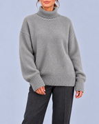 Women's Oversized Roll Neck Jumper with Deep Ribbed Cuffs – Grey – 1