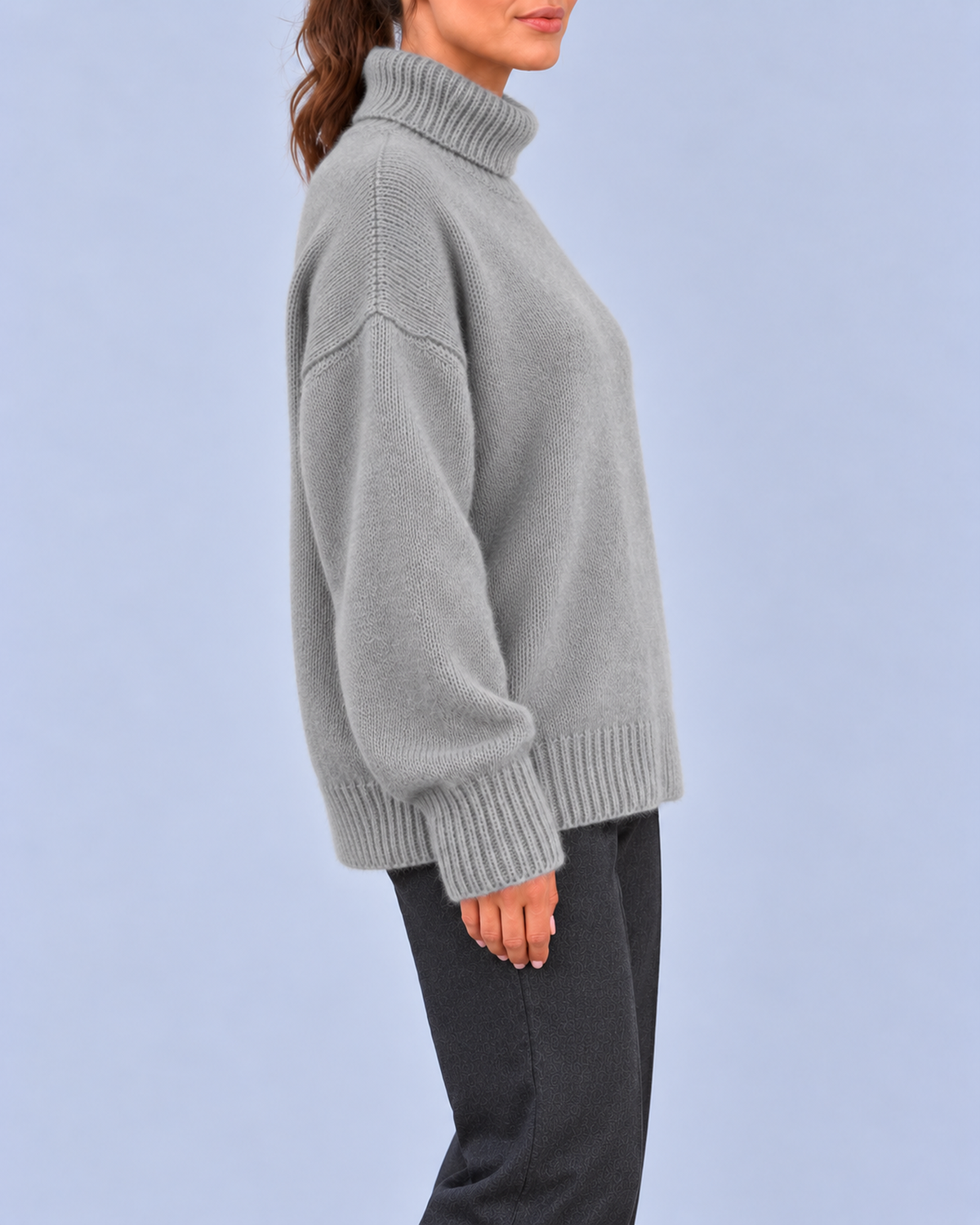 Women's Oversized Roll Neck Jumper with Deep Ribbed Cuffs – Grey – 2
