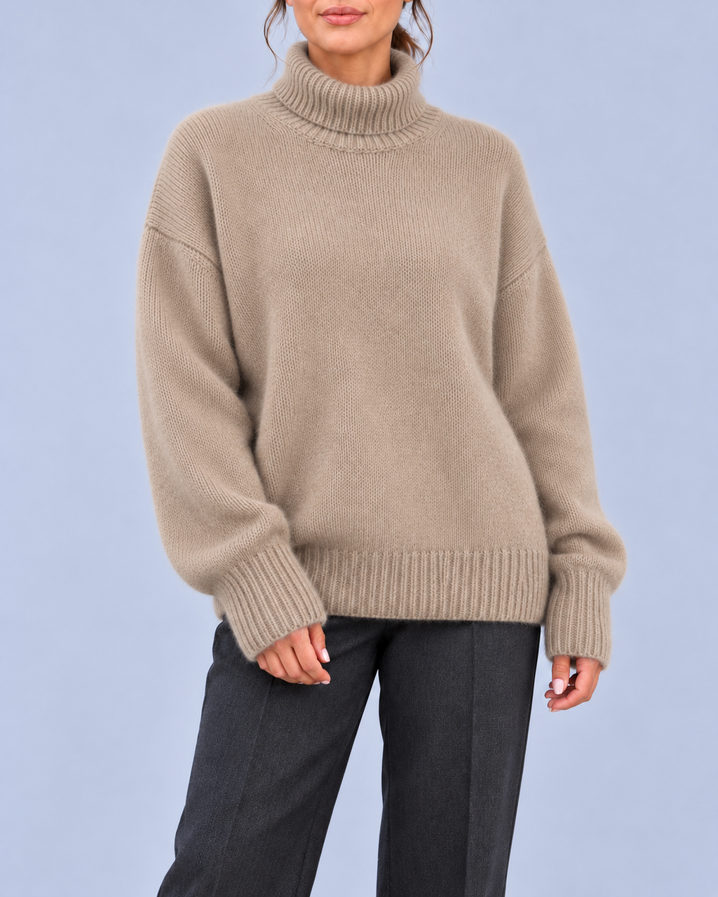 Women's Oversized Roll Neck Jumper with Deep Ribbed Cuffs – Khaki – 1