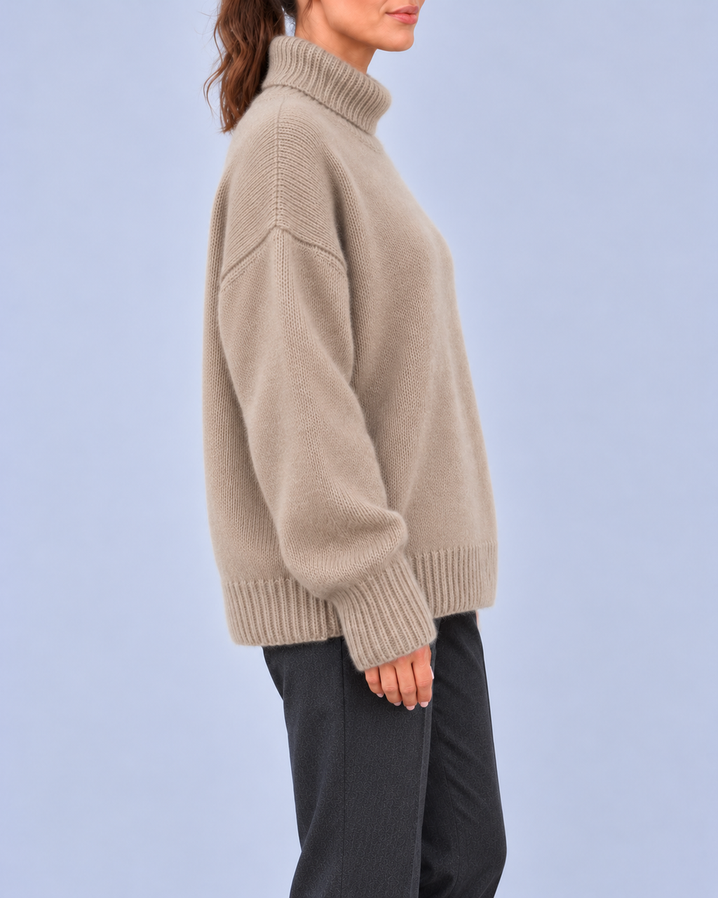 Women's Oversized Roll Neck Jumper with Deep Ribbed Cuffs – Khaki – 2