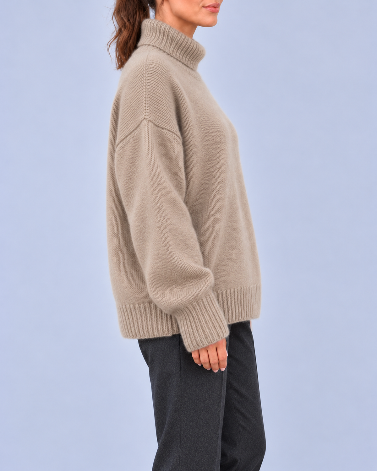 Women's Oversized Roll Neck Jumper with Deep Ribbed Cuffs – Khaki – 2