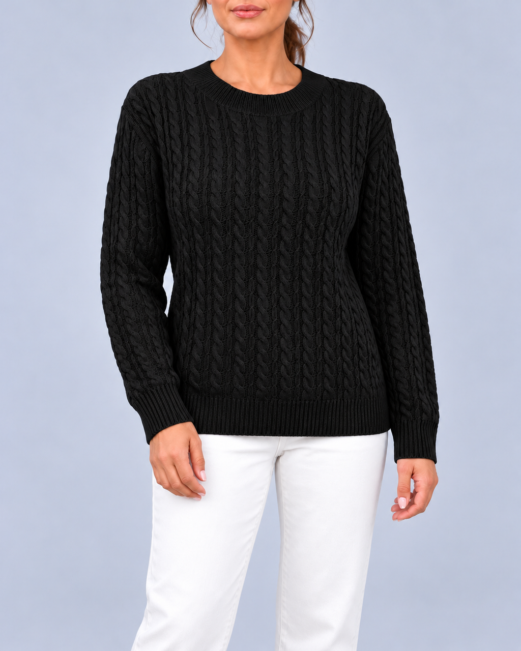 Women's Relaxed Cable Textured Jumper with Ribbed Cuffs and Hem – Black – 1
