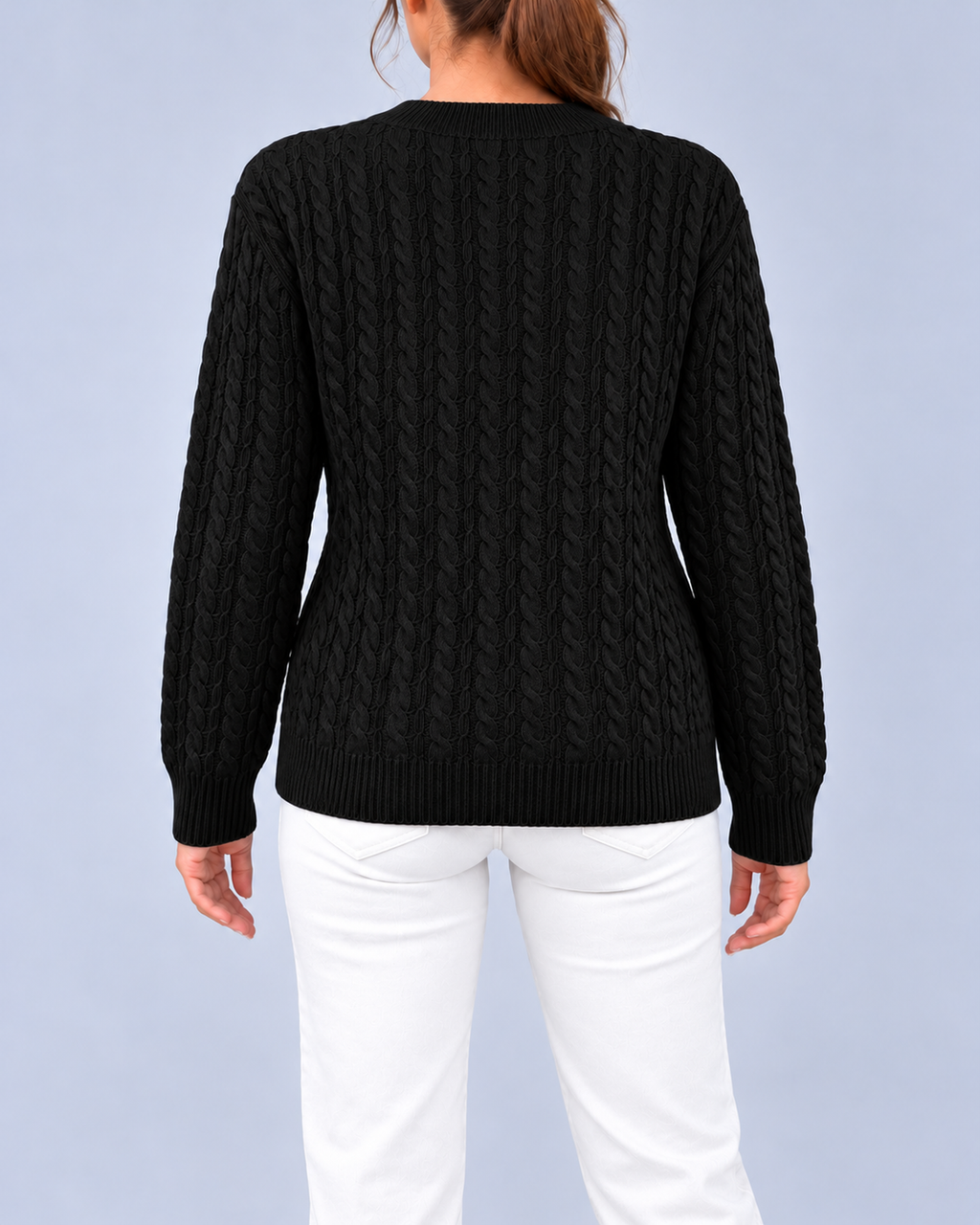 Women's Relaxed Cable Textured Jumper with Ribbed Cuffs and Hem – Black – 3