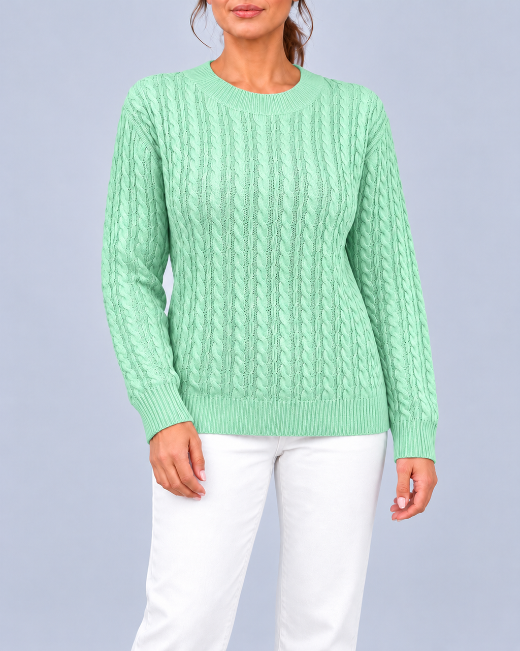 Women's Relaxed Cable Textured Jumper with Ribbed Cuffs and Hem – Light Green – 1