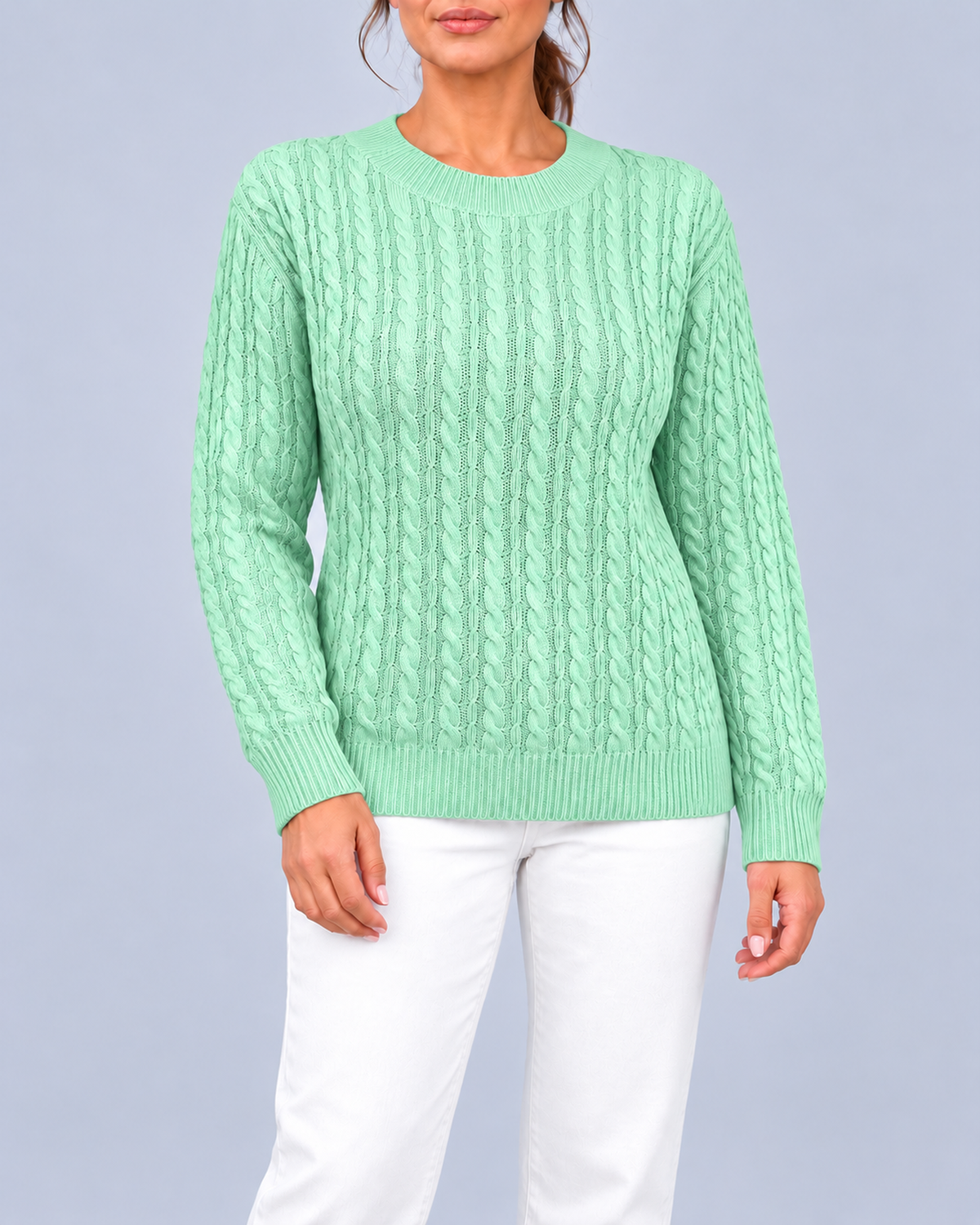 Women's Relaxed Cable Textured Jumper with Ribbed Cuffs and Hem – Light Green – 1