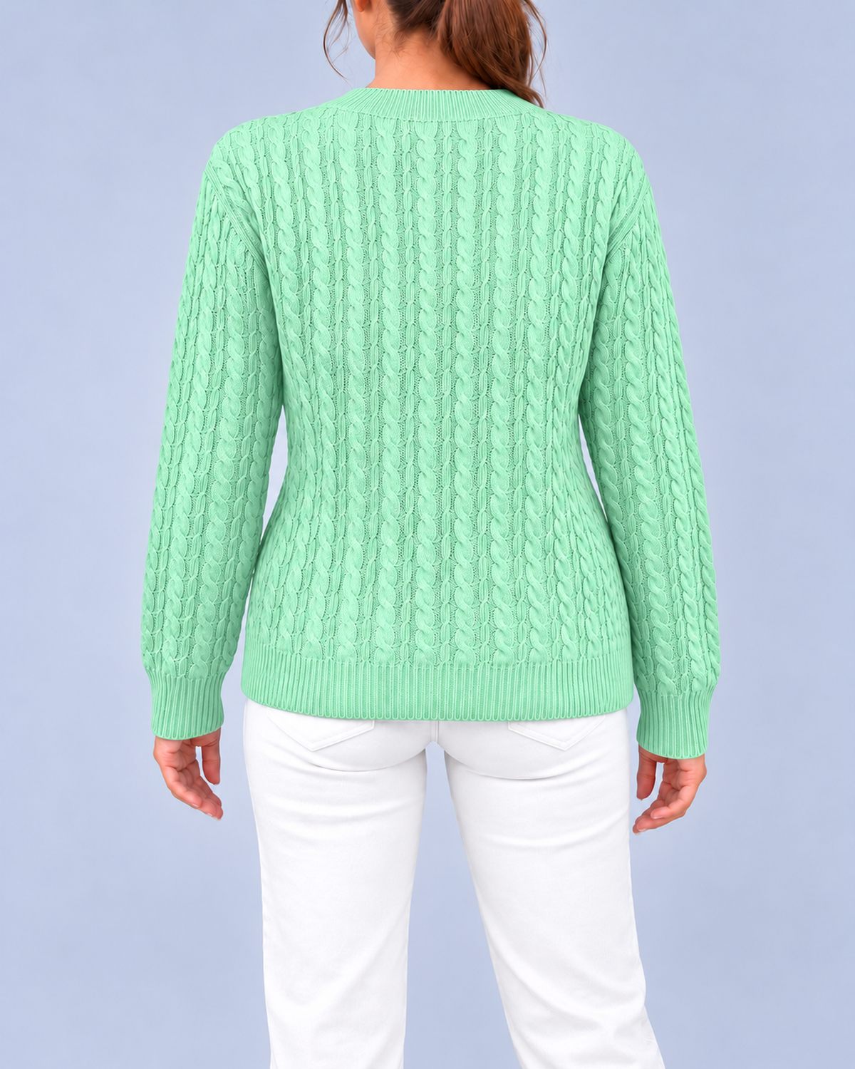 Women's Relaxed Cable Textured Jumper with Ribbed Cuffs and Hem – Light Green – 3