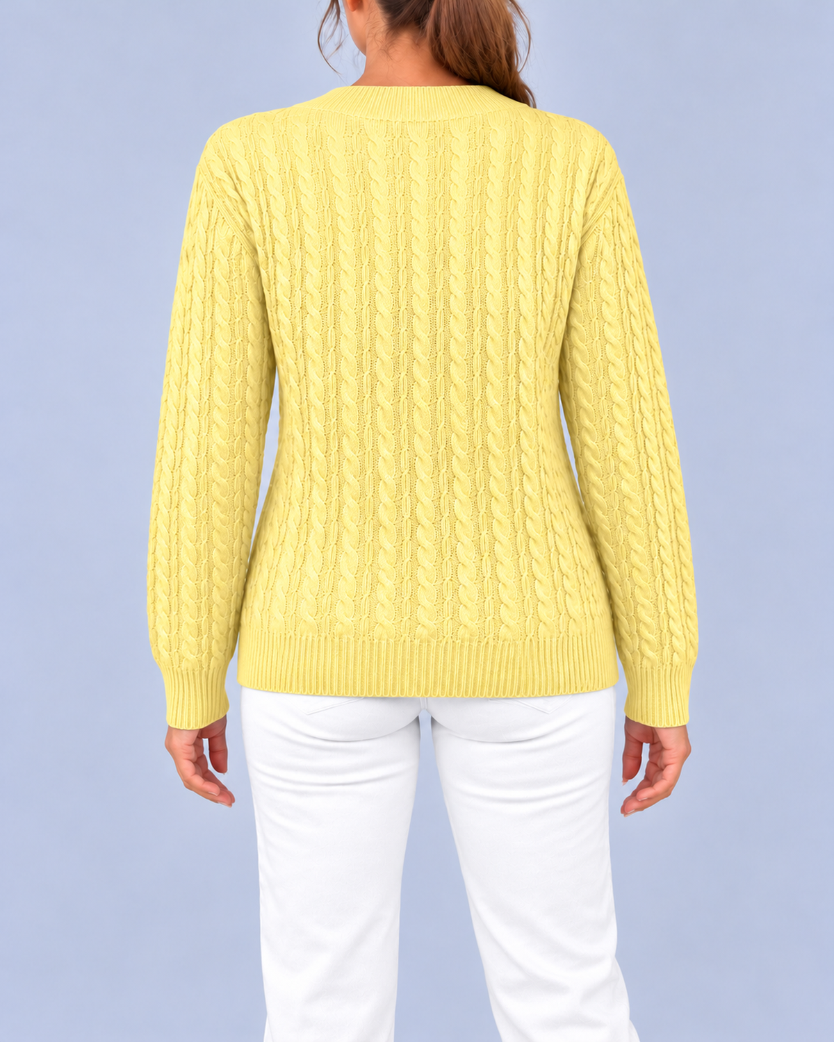 Women's Relaxed Cable Textured Jumper with Ribbed Cuffs and Hem – Yellow – 3
