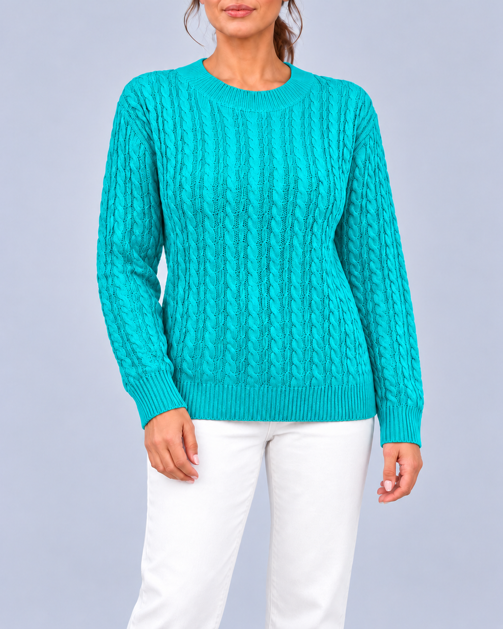 Women's Relaxed Cable Textured Jumper with Ribbed Cuffs and Hem – Blue – 1