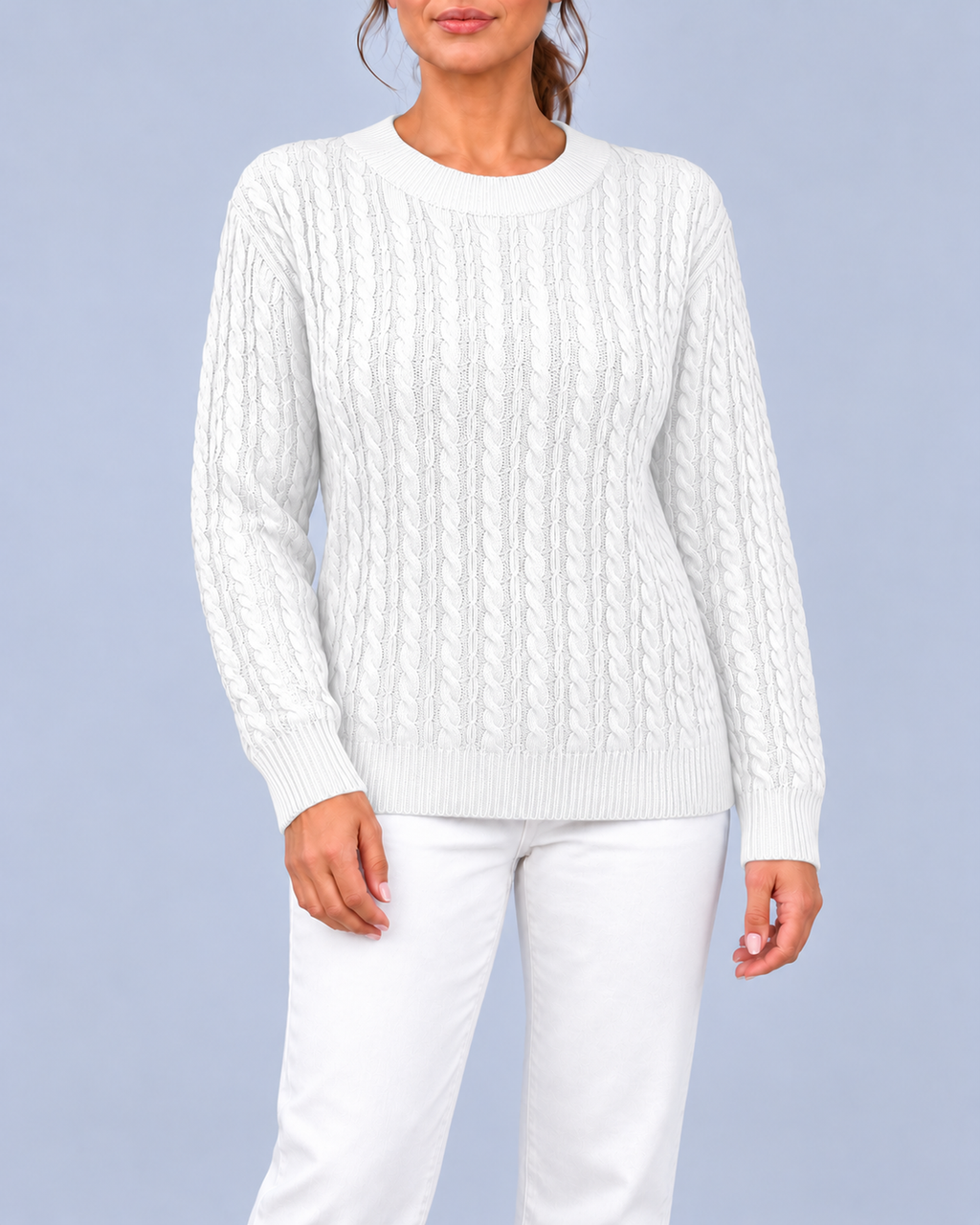 Women's Relaxed Cable Textured Jumper with Ribbed Cuffs and Hem – White – 1