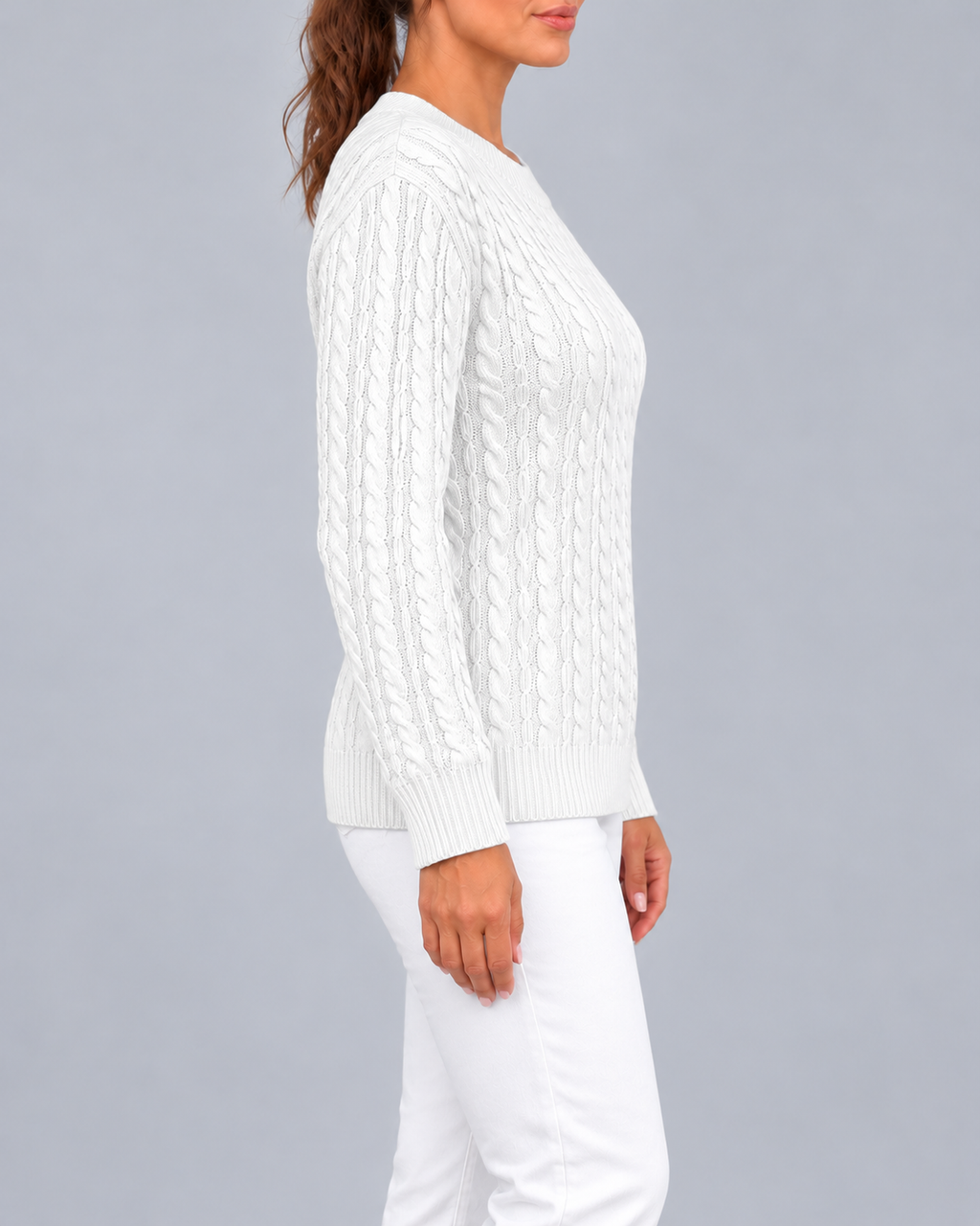 Women's Relaxed Cable Textured Jumper with Ribbed Cuffs and Hem – White – 2