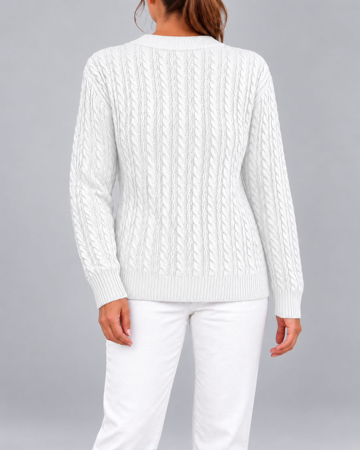 Women's Relaxed Cable Textured Jumper with Ribbed Cuffs and Hem – White – 3