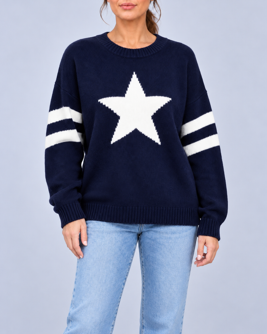 Women's Relaxed Star Knitted Jumper with Striped Sleeves