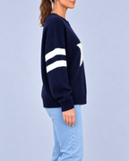 Women's Relaxed Star Knitted Jumper with Striped Sleeves – Navy Blue – 2