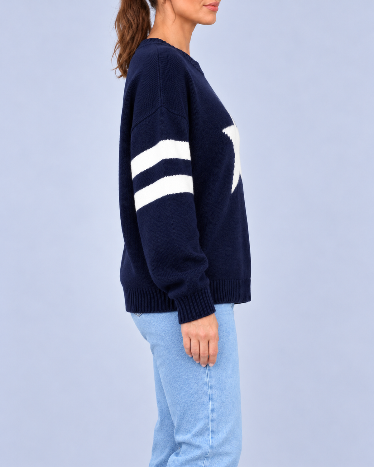 Women's Relaxed Star Knitted Jumper with Striped Sleeves – Navy Blue – 2