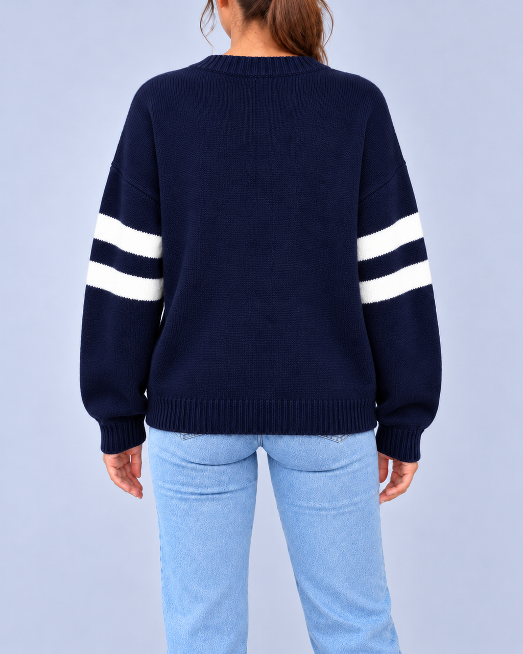Women's Relaxed Star Knitted Jumper with Striped Sleeves – Navy Blue – 3