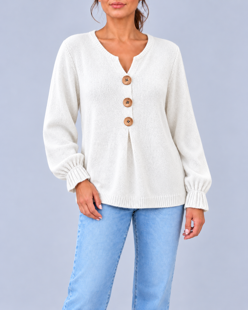Women's Split Neck Knitted Jumper with Three Buttons & Relaxed Fit – White – 1