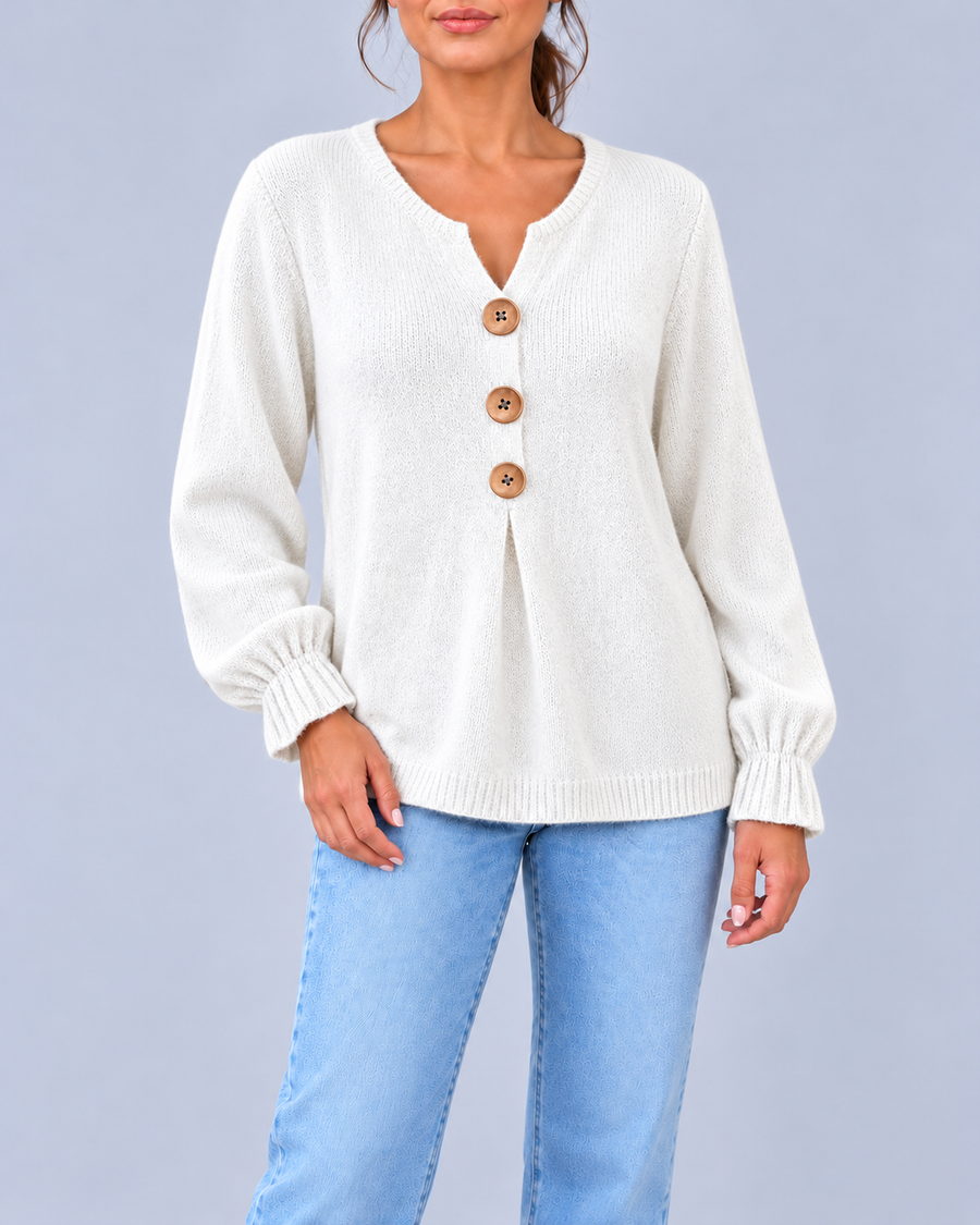 Women's Split Neck Knitted Jumper with Three Buttons and Relaxed Fit